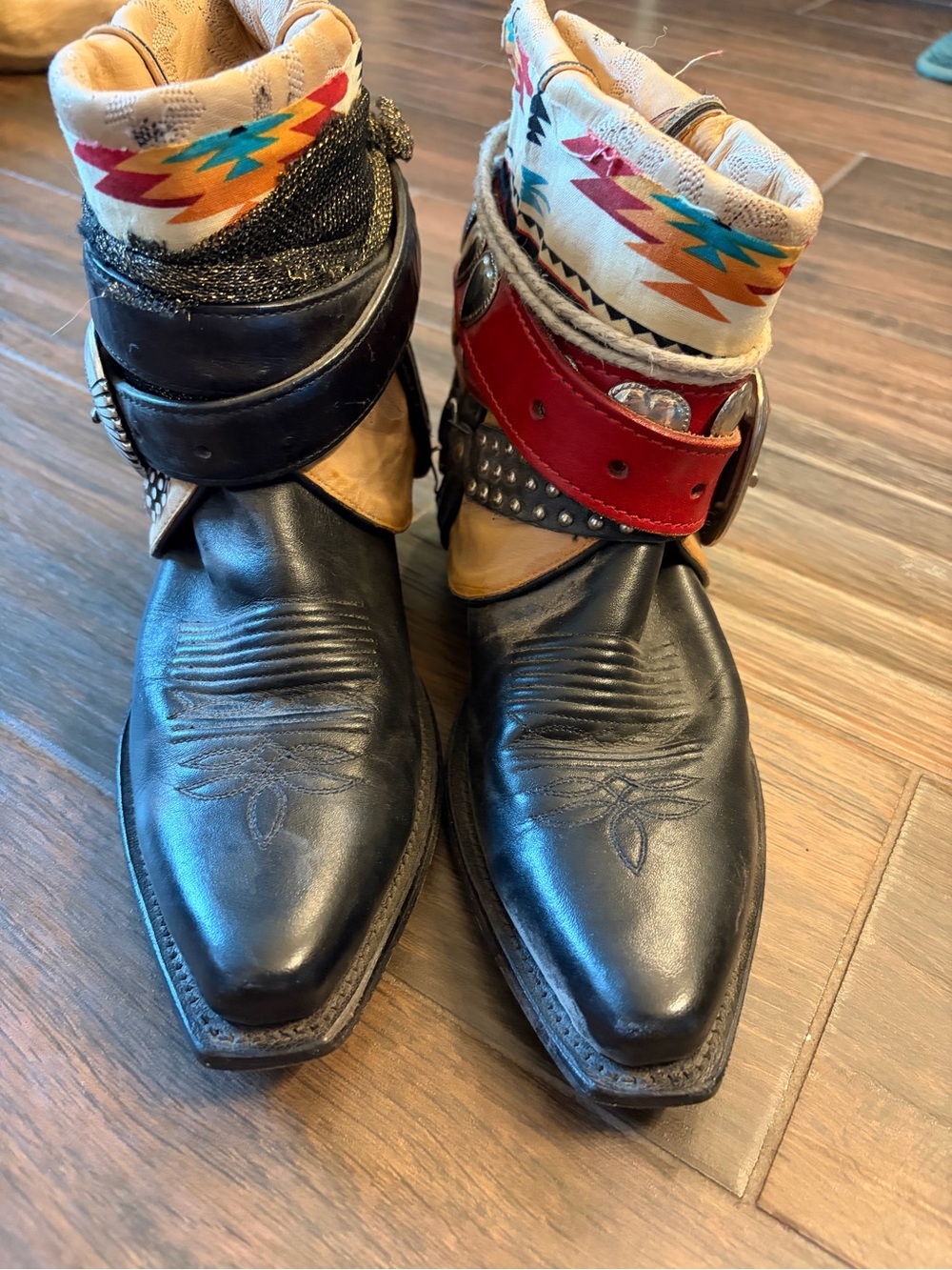 Western Ankle Boots with Colorful Aztec Cuff - Black & Red - Picture 5 of 5
